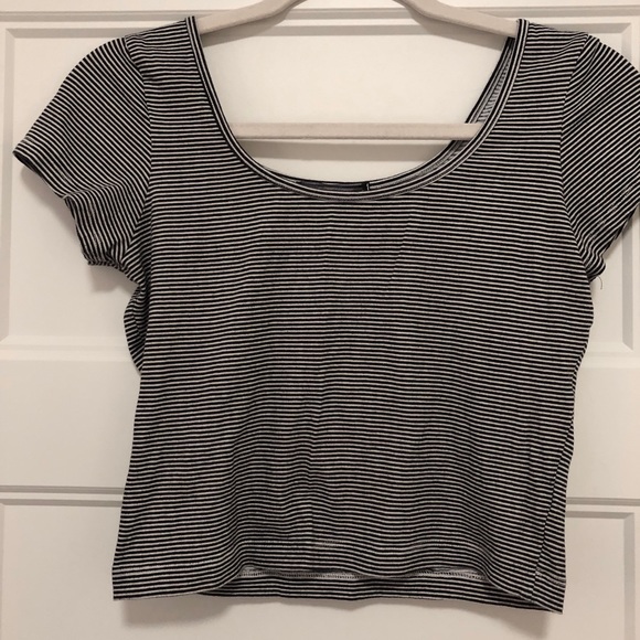 happening in the present Tops - Black and White Striped Short Sleeve Crop Top